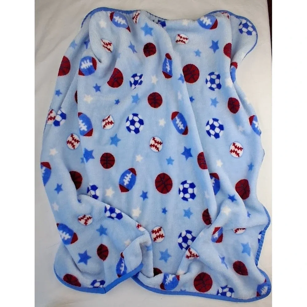 Flaw * Cutie Pie Blue Sports Ball Themed Baby Boy Blanket Soft Security htf